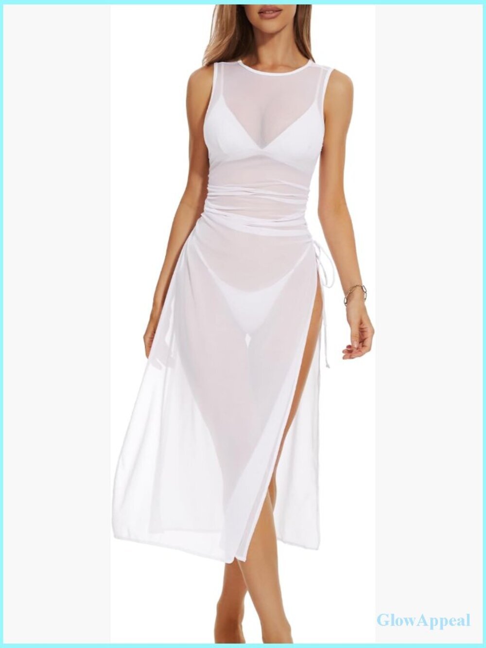 Sheer Mesh Cover Up Dress High Split Drawstring Bikini Beach Cover Up